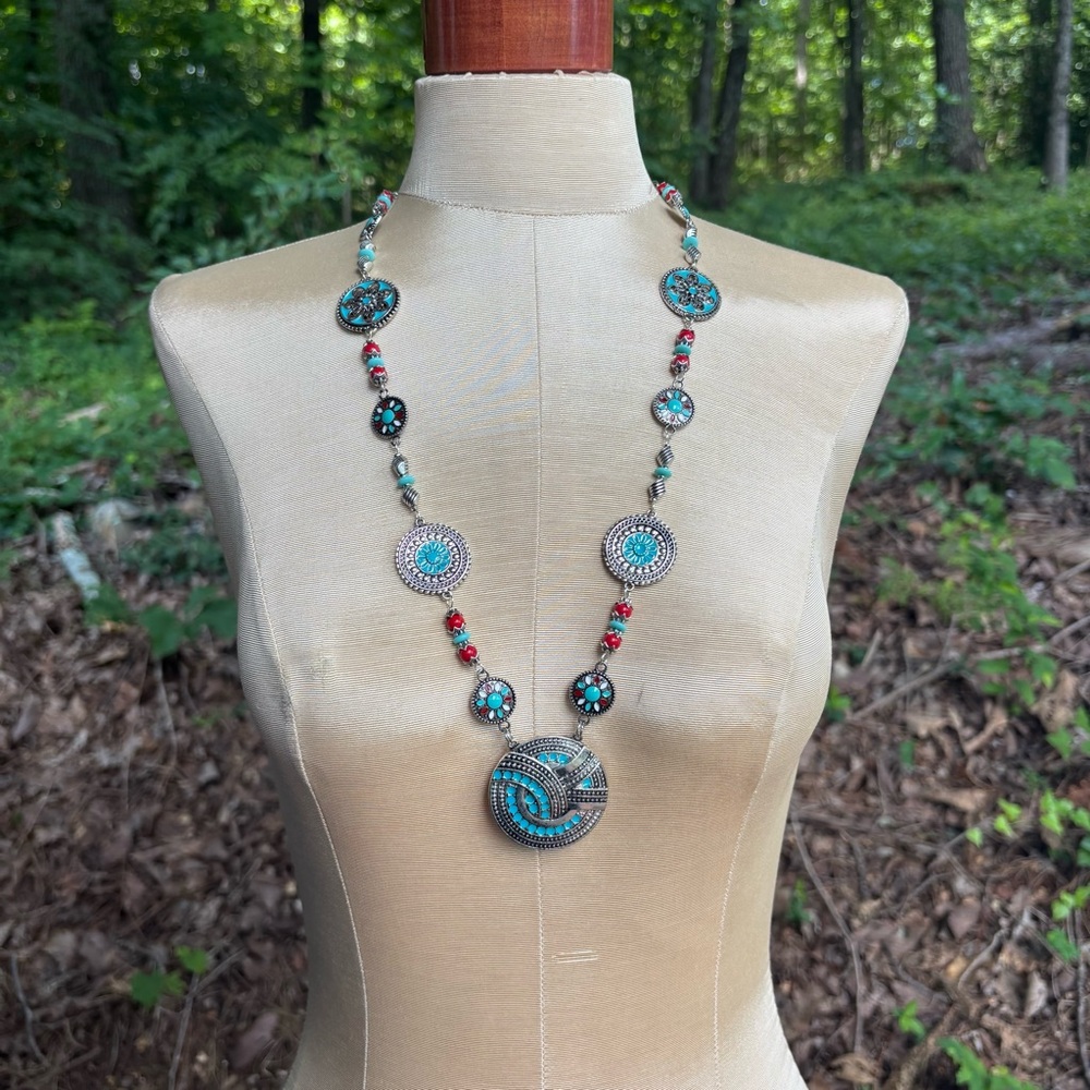 Turquoise and Red Beaded Necklace